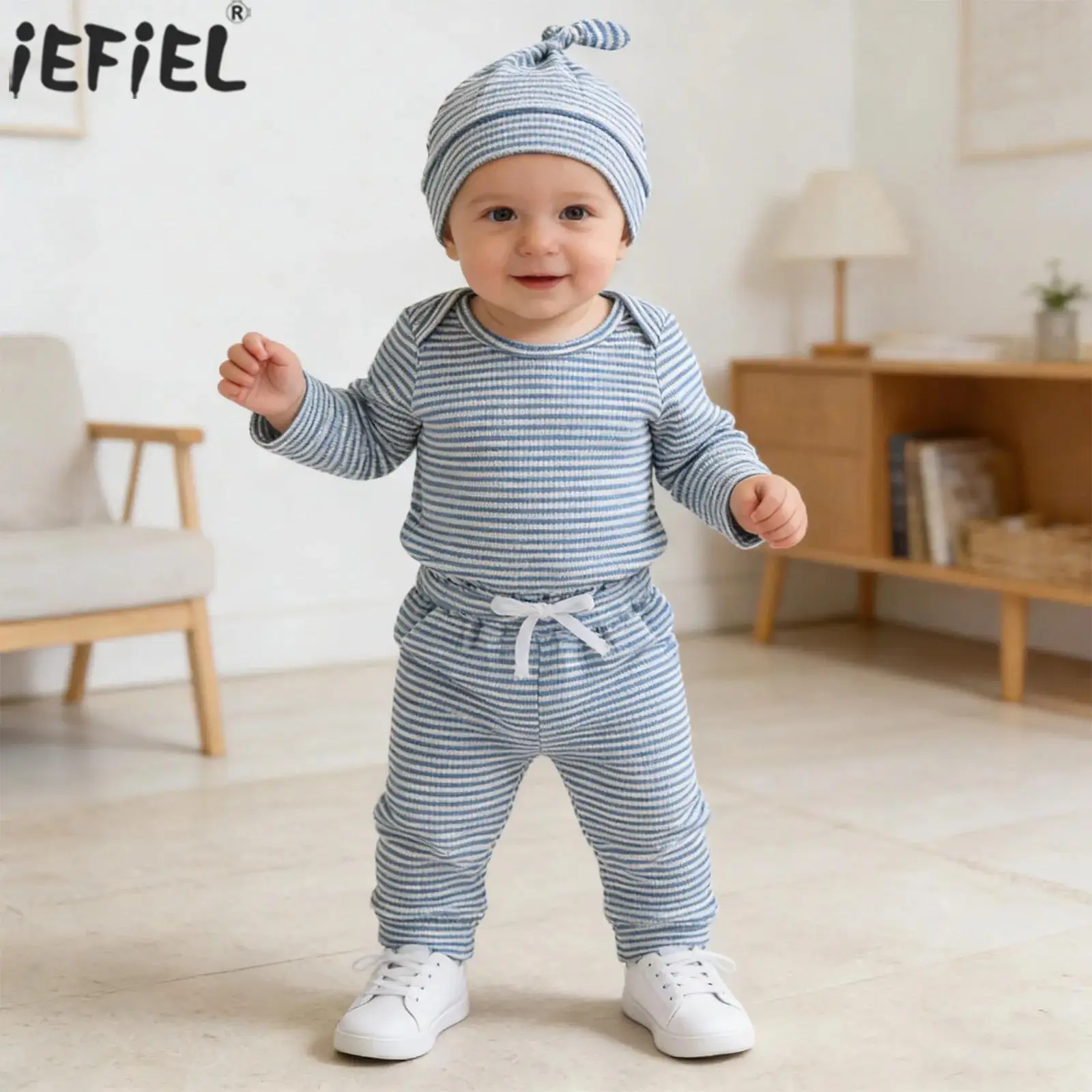 

Одежда для маленьких девочек и мальчиков, полосатый комбинезон, хлопковый боди с длинными рукавами и эластичным поясом, штаны, шапка, для фотосессии новорожденных