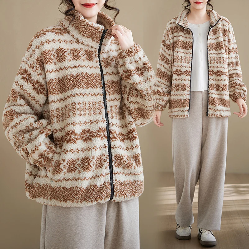 Cappotto di lana autunno inverno da donna di grandi dimensioni sciolto lungo Sve cerniera capispalla da donna a righe Jaet