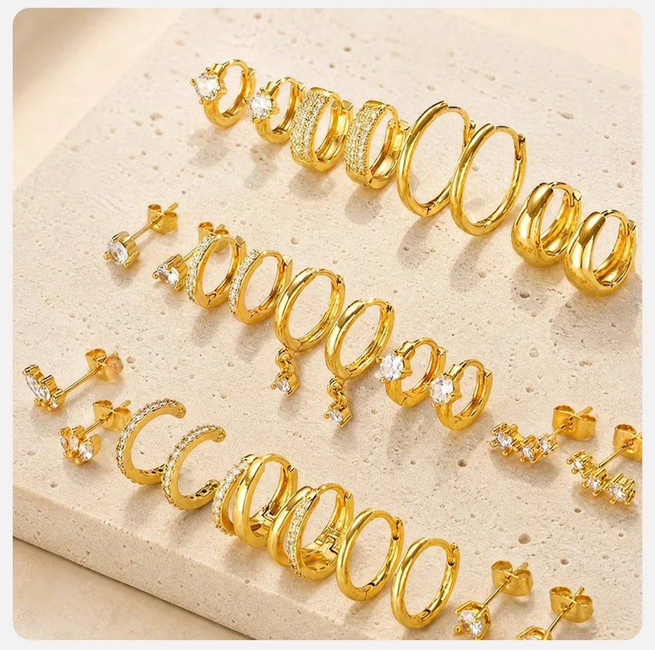 Vnox Elegantes Creolen-Set für Damen, vergoldet, glänzende Zirkon-Ohrstecker, C-förmige Ohrklemme, Statement-Schmuck für trendige Partys – Detail 7