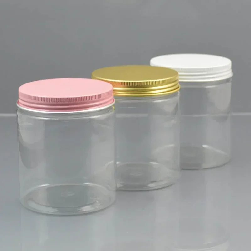 12pc 200/250ml Clear Plastic Jar With Pink Aluminum Lids Empty Face Cream Cosmetic Container Gold Travel Refillable Bottles Box