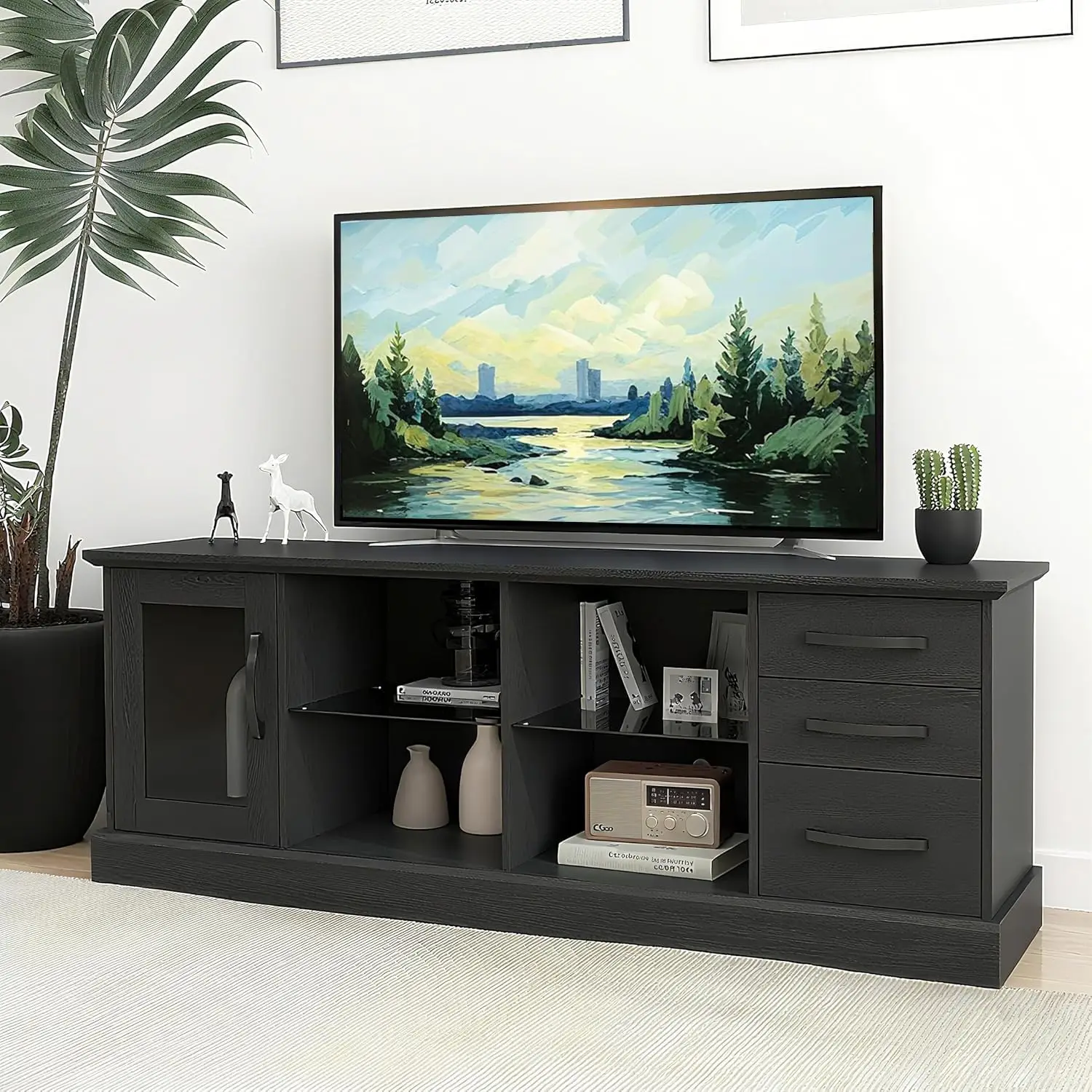 Farmhouse TV Stand Console 73 Inch Wood Glass Shelves Cable Management Drawers Storage Living Room Bedroom Black, Customized