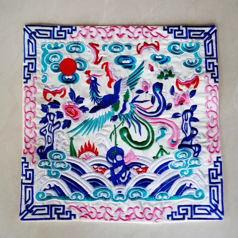 Chinese Embroidered Placemat Official Robe Badge Phoenix Craft Embroidery Piece Gift Decorative Coaster Cups Plates