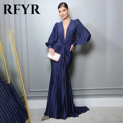 RFYR Mermaid Sexy Woman Evening Dress Gown Royal Blue Prom Gown Pleat Stain Pleat V Neck Night Dress Gown Plus Size Customized