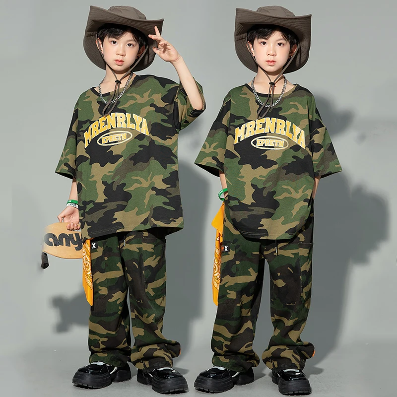 Camiseta de camuflaje para niños, pantalones, ropa fresca de Hip Hop, traje de baile de Jazz para niñas, traje Kpop, ropa de baile callejero SL8629