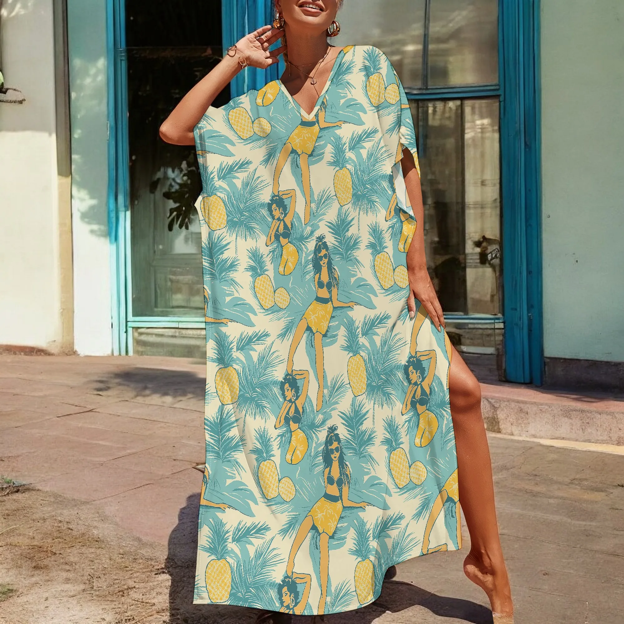 

Tropical Pineapple Print Kaftan Dress – Beach Style V-Neck for Vacation S-3XL