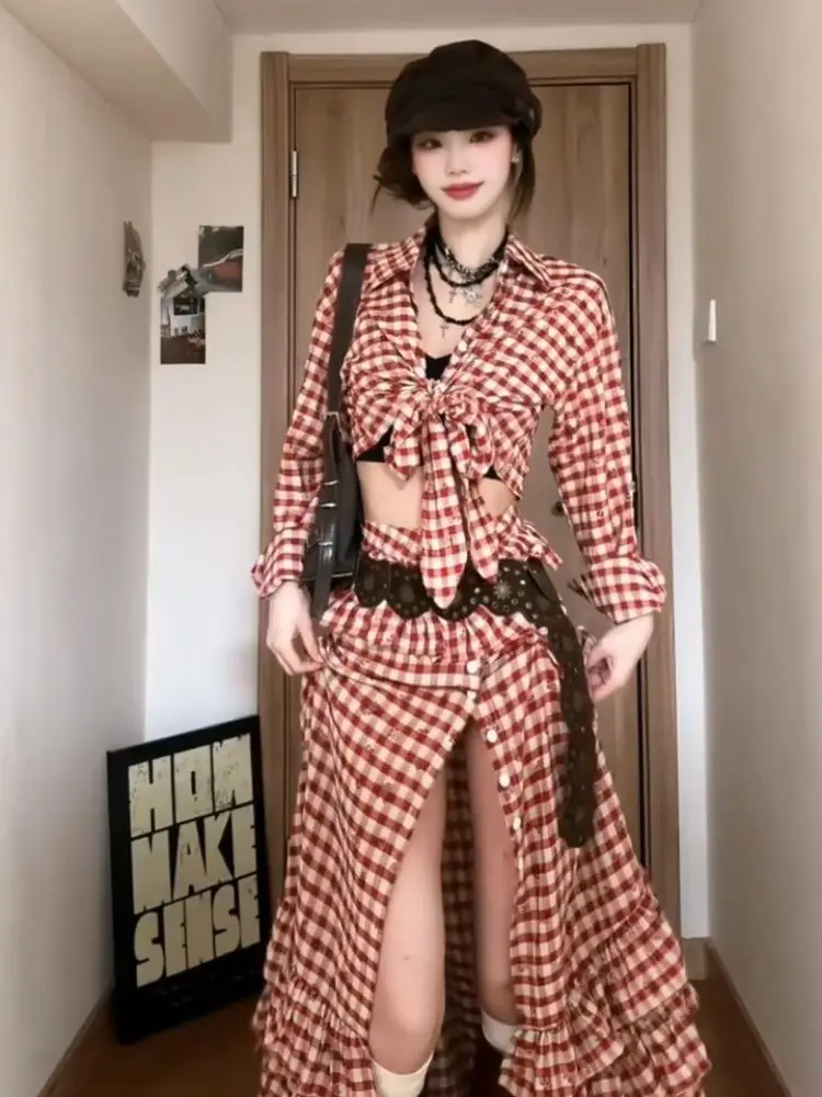 2000s Aesthetic Elegant 2 Piece Sets Women Y2k Plaid Design Tops + Slim midi Skirt Femal Harajuku Chic Korean Popular Clothes