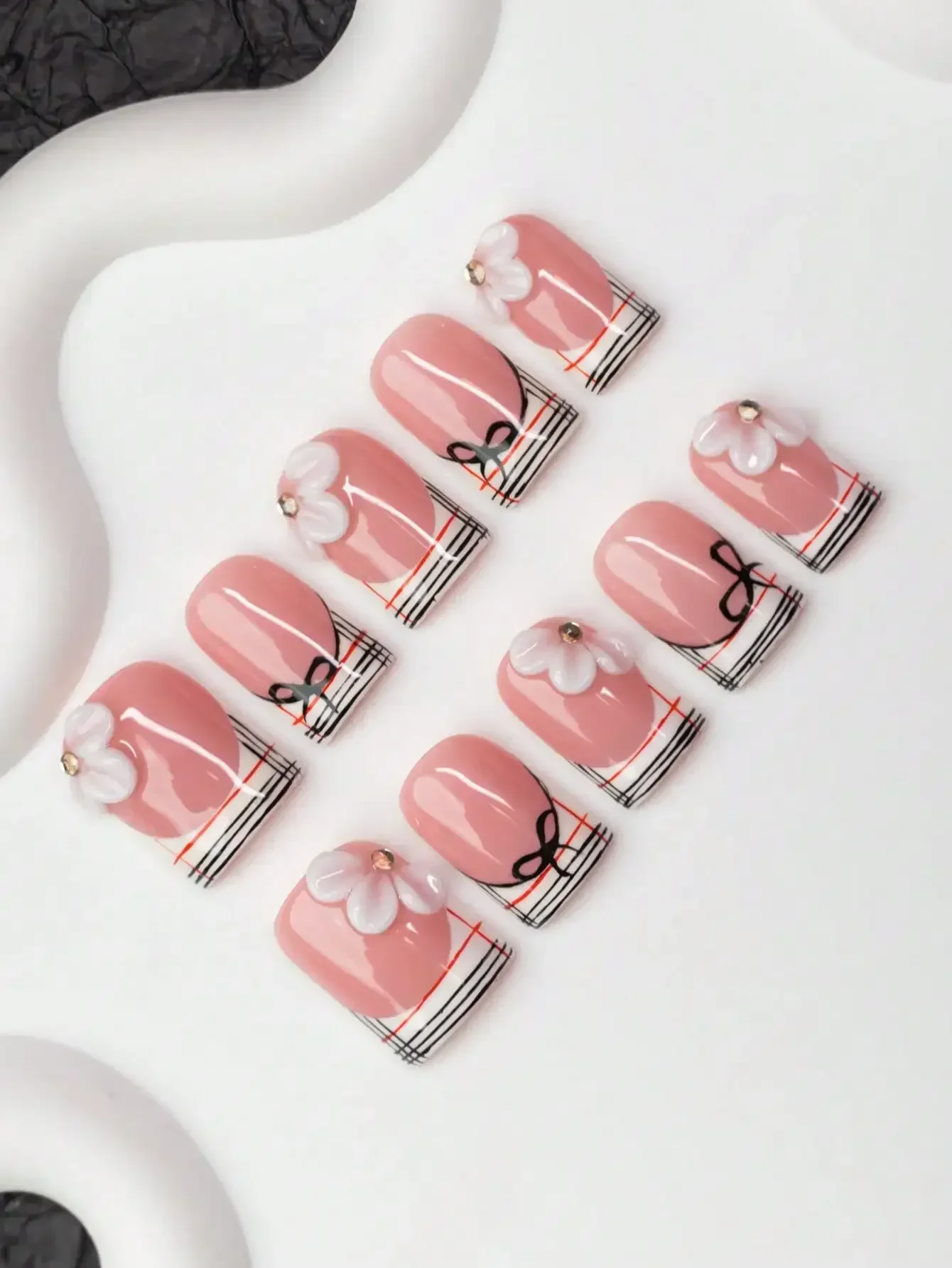 

10pcs Square Shaped Handmade Nail Tips, Y2K Girly Style, Nude & White Color With French Tips, Floral, Line, Bow Decor, Shiny