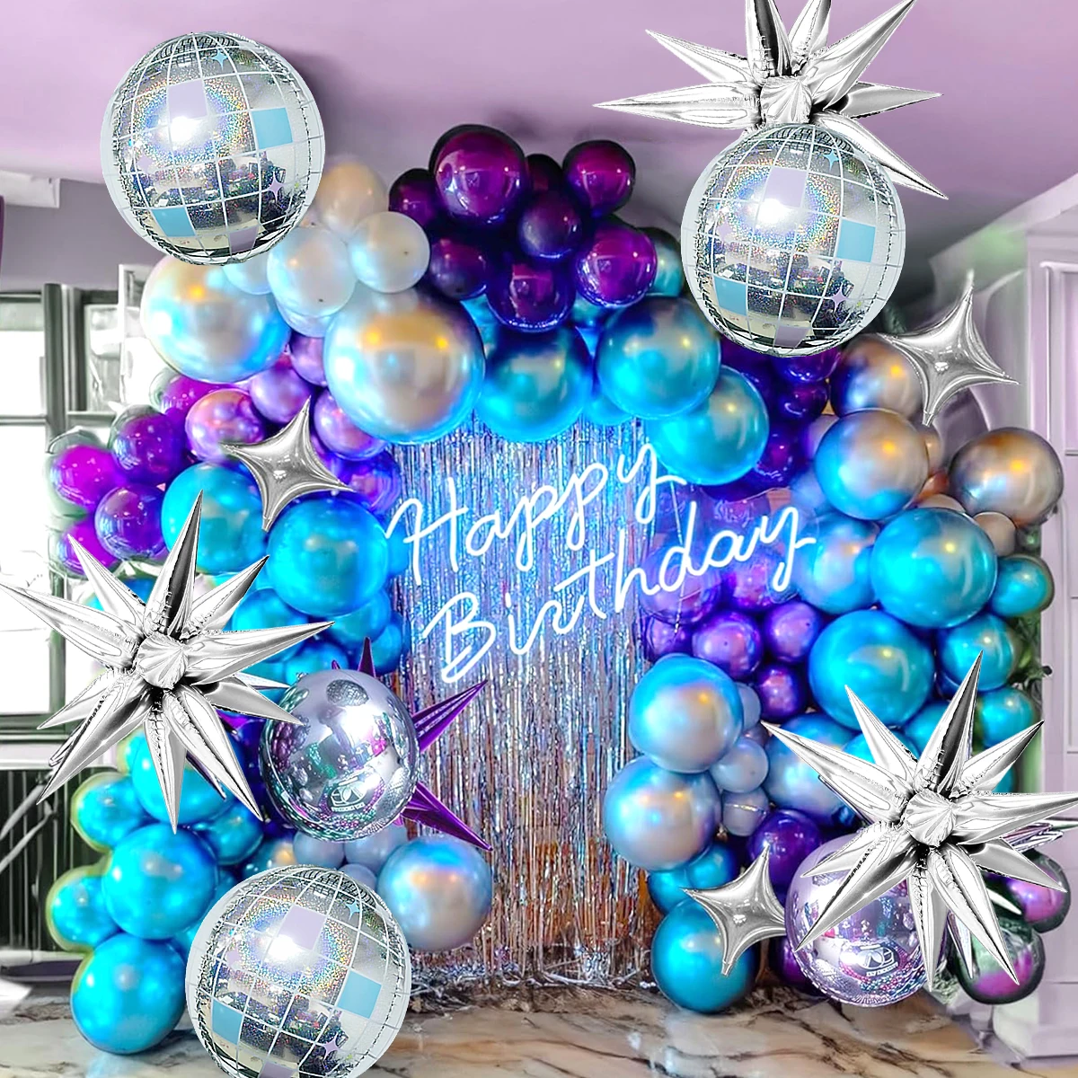 1/5pcs rainbow disco ball and silver exploding star balloons, stylish for birthday party, disco theme, bachelorette party, bar