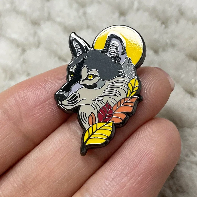 Full Moon Wolf with Fallen Leaves Enamel Pin Autumn Animal Fall Art Jewelry Accessories