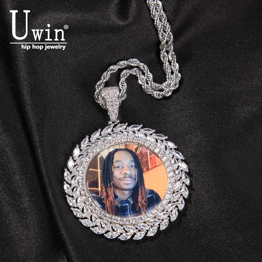 

UWIN DIY Photo Pendant Around Wheat Ears Full Iced Out CZ Picture Pendant Custom Engrave Name Fashion Memory Jewelry For Gift