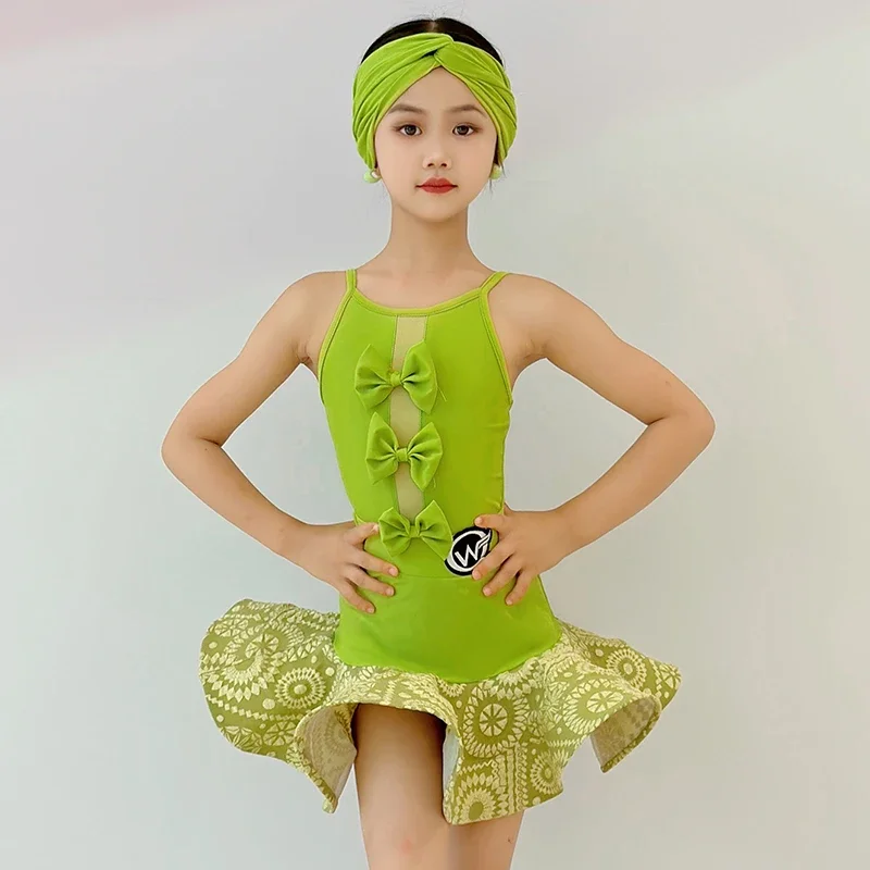 Crianças meninas profissional bowknot sem costas bodysuit dança latina prática desempenho traje espinha de peixe saia competição dancewear