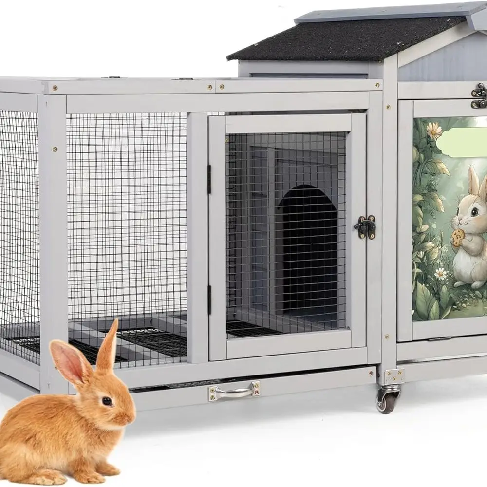

Деревянный шкаф для кроликов в помещении, 39, просторный домик для животных со съемным подносом, предохранительным замком, водонепроницаемым крыхом и солнечными панелями (серый узор)