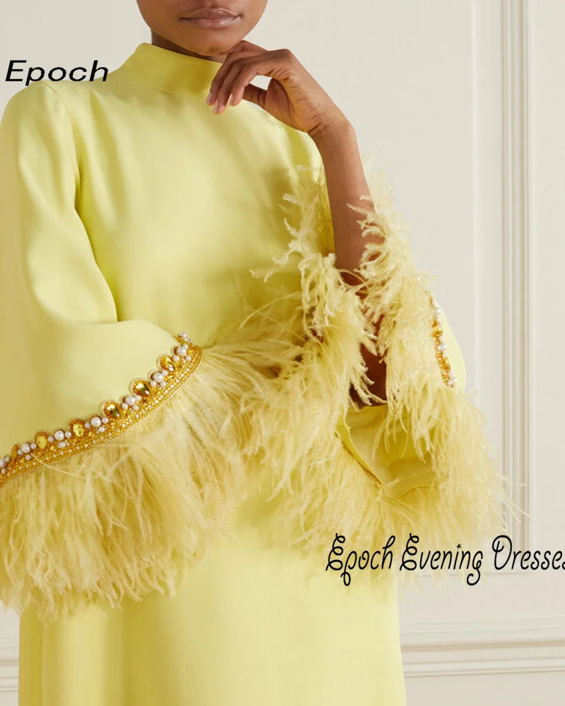 Epoch Crepe Evening Dress فساتين مناسبة رسمية Elegant High Neck Feathers Half Sleeve Formal Cocktail Prom Gown For Sexy Women