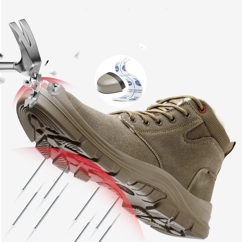 men casual steel toe covers work safety boots cow suede leather welding shoes worker warm wool winter snow boot ankle botas safe
