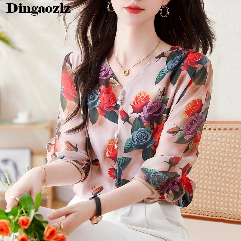 2024 New Autumn Women Tops New Fashion Silk Chiffon Blouse V-neck 3/4 Sleeve Casual Ruffles Floral Printed Shirt