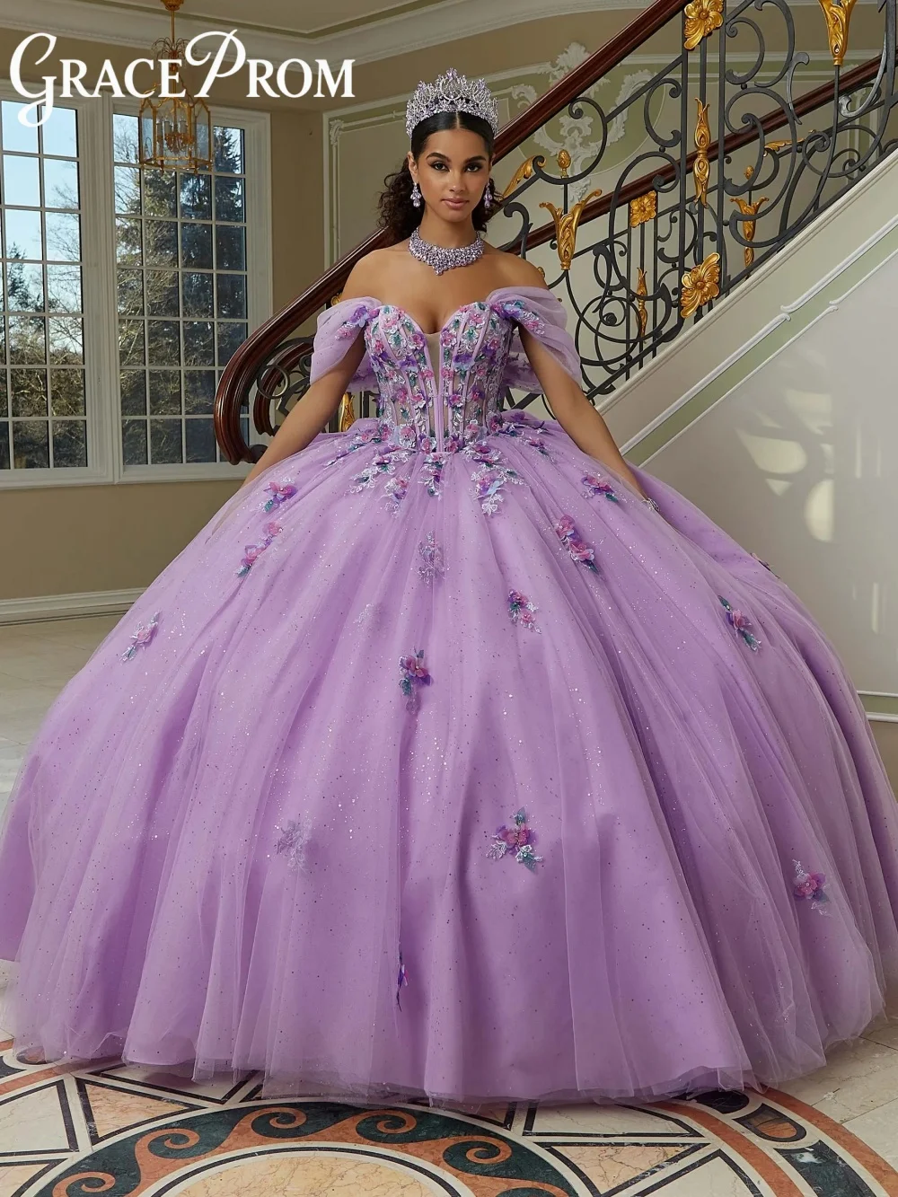 

Платье GraceProm Dreamlike Lavender Quinceanera: бальное платье из блестящего тюля с открытыми плечами и цветочной вышивкой, роскошное сладкое 16-летнее вечернее платье для выпускного вечера