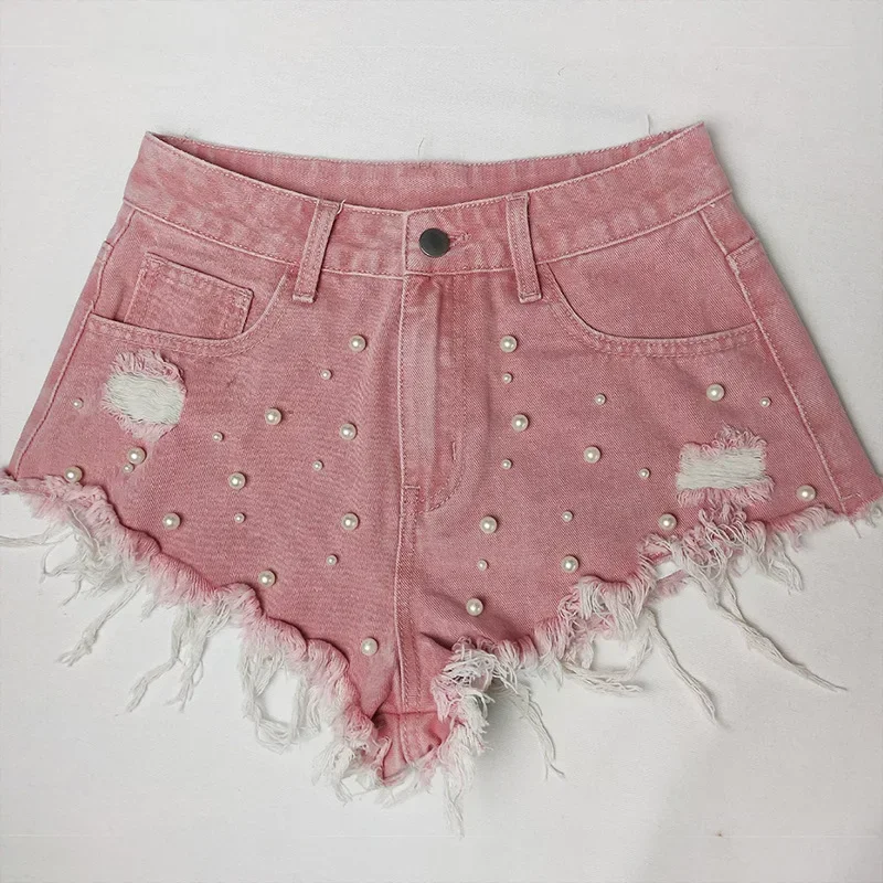 Women Hotsweet Shorts Denim Skinny Fashion Beaded Raw-edged Hot Drill High-street Pocket Lady Casual Summer New Jeans