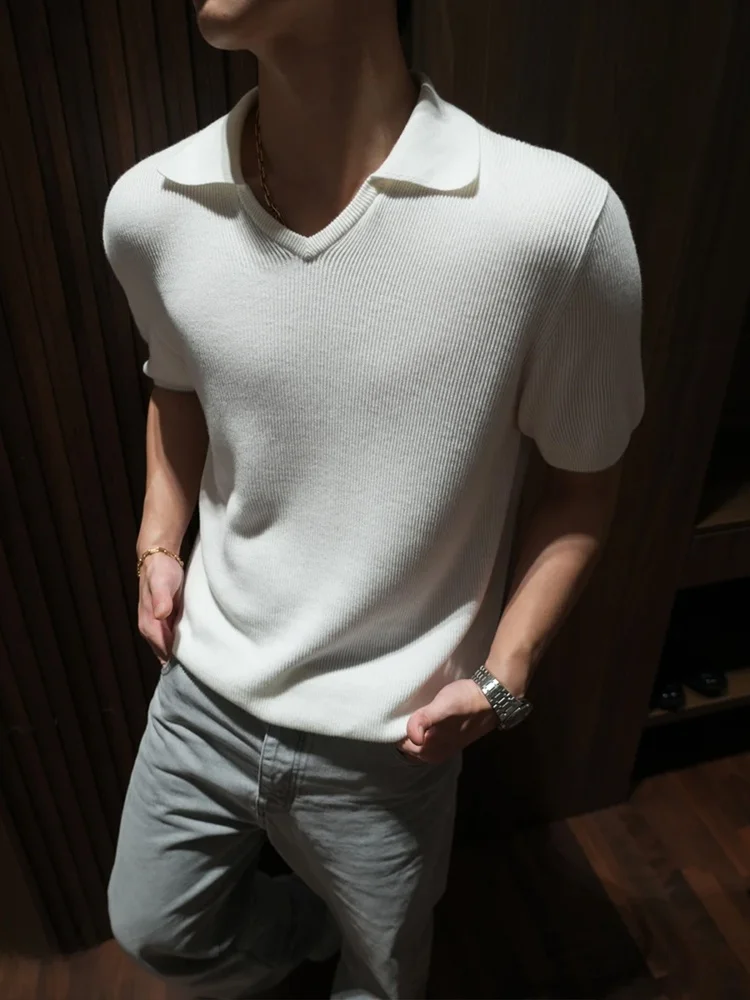 

Cooling Knitted ort Sve irt Men's Summer American Retro High-End Feeling T-irt CleanFit f Sve Loose Fit Y...