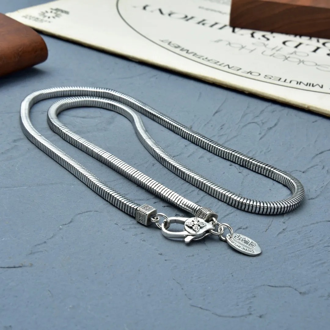 S925 sterling silver square snake chain necklace men's thai silver retrocouple silver chain bucket collar horse whip chain