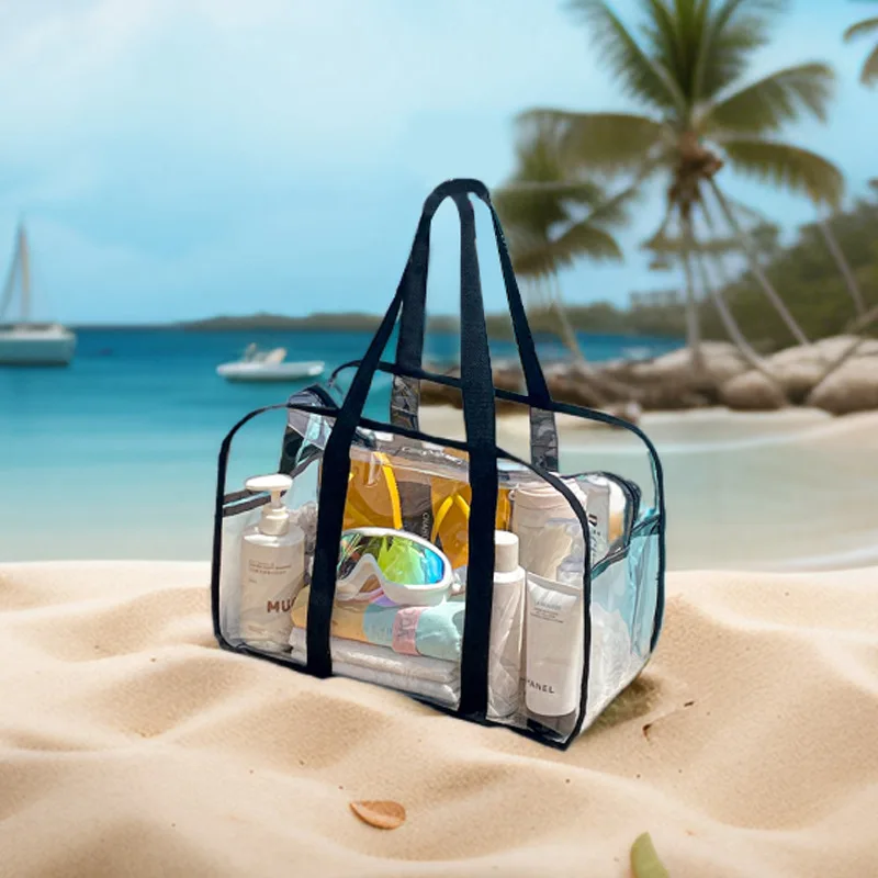 Sac de plage transparent imperméable de grande capacité, trousse de toilette en PVC, sac de rangement pour cosmétiques de voyage en plein air, sac à main de shopping