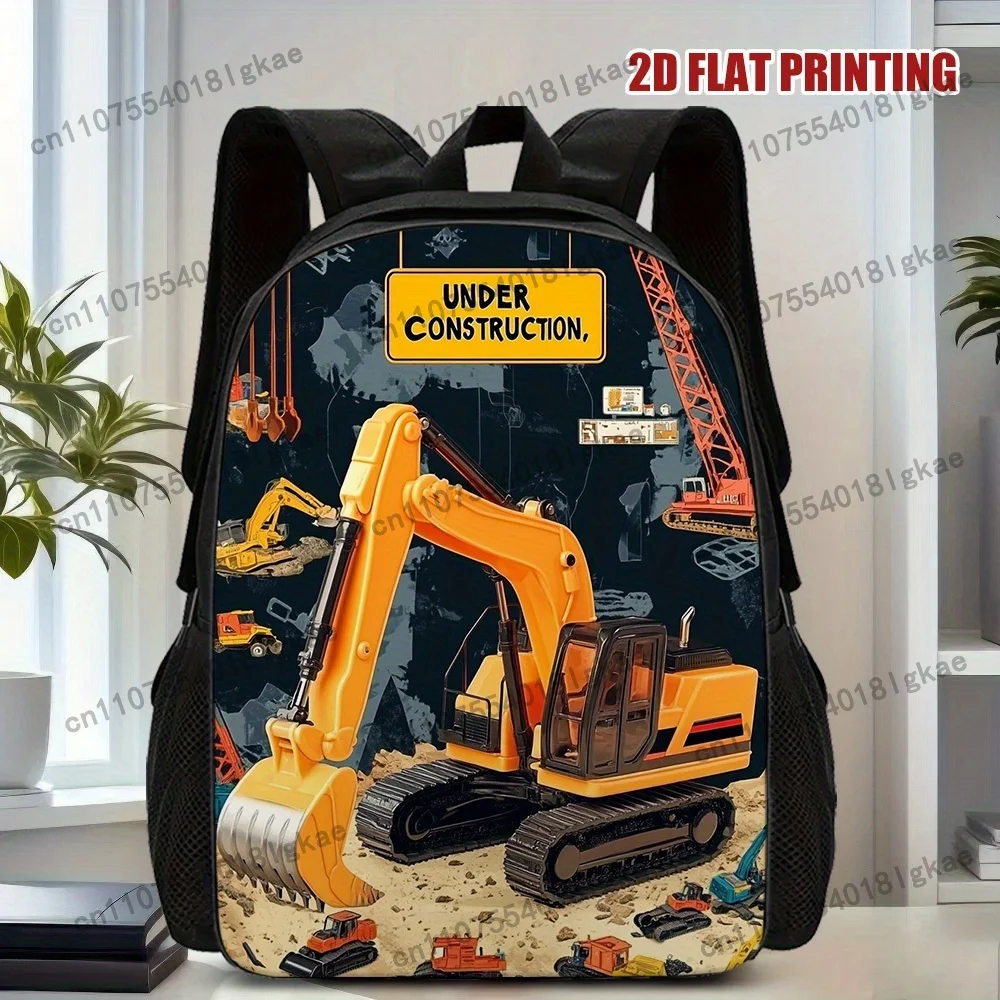 1pc Under Construction Excavator Backpack – Lightweight & Durable Polyester School Bag with Removable Straps, 2D Flat Printing,
