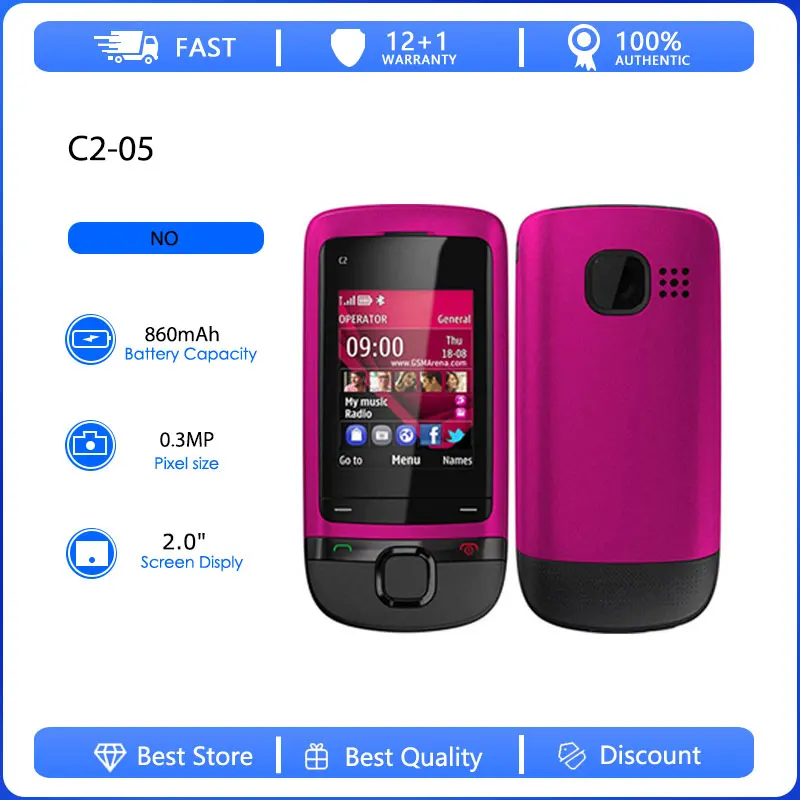 Refurbished Original C2-05 2G Single Sim Unlocked GSM 900/1800 Mobile Phone English Keyboard Made in Finland