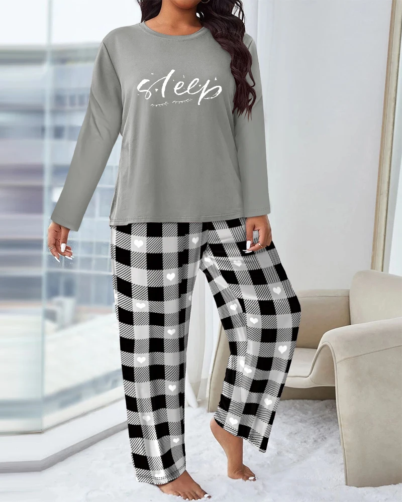 Women's two-piece fashionable autumn new letter printed round neck long sleeved top and plaid printed loose pants set