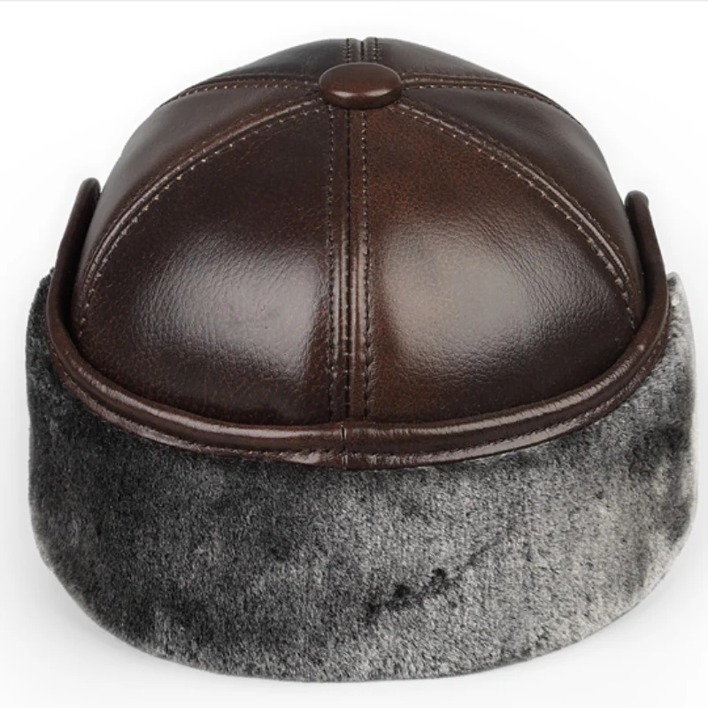 High Quality Genuine Leather Hats Winter First Layer Cowhide Warm Earmuffs Bomber Caps Plus Velvet Thicken Man Bone Caps Dad Hat