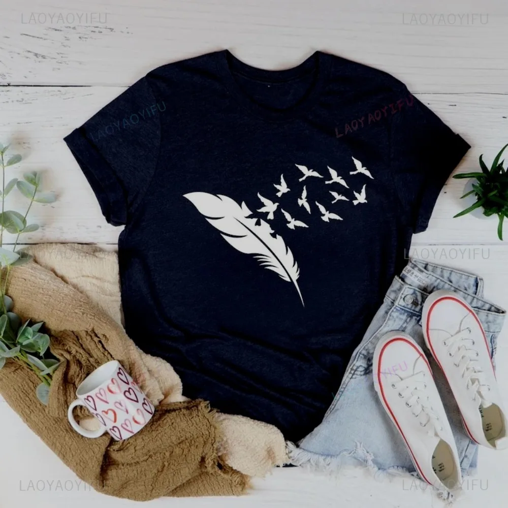 Funny Feather Idea Printed T Shirt Bohemian Style Bird Shadow Graphic Man Women TShirts Casual Fashion Harajuku Streetwear
