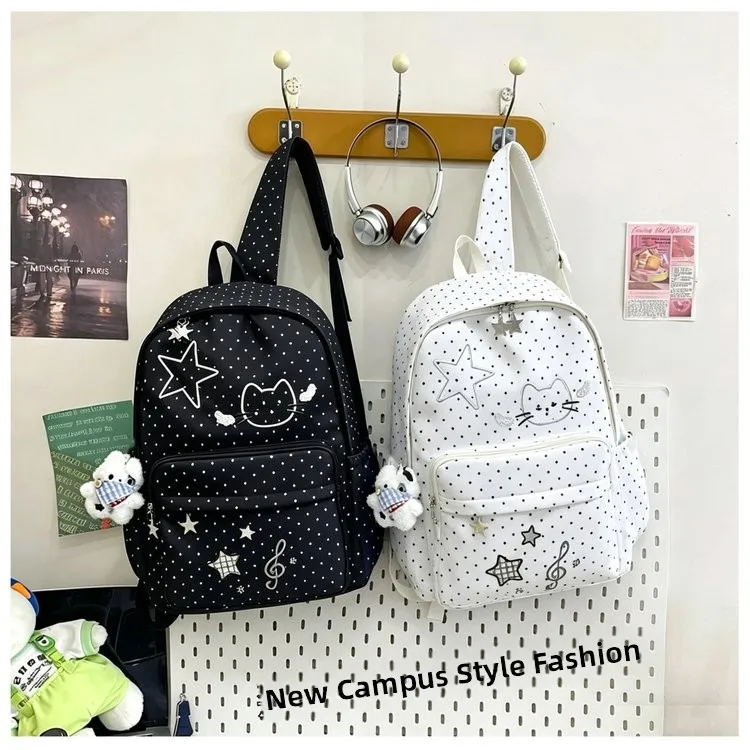 2026 New Cute Polka Dot Rabbit Dual Shoulder Backpack Women's Korean Style Versatile School Bag University Students Class Bag