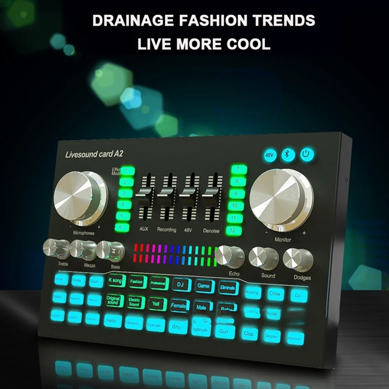 HFES A2 بطاقة الصوت الحية المحمولة بلوتوث كارت الصوت مهنة قابل للتعديل حجم الصوت لتسجيل الموسيقى كاريوكي الغناء