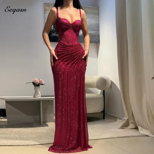Vestidos De Noche con purpurina para mujer, vestido elegante De sirena sin tirantes para ocasión Formal, batas De Soirée divididas, largo, personalizado, 2025