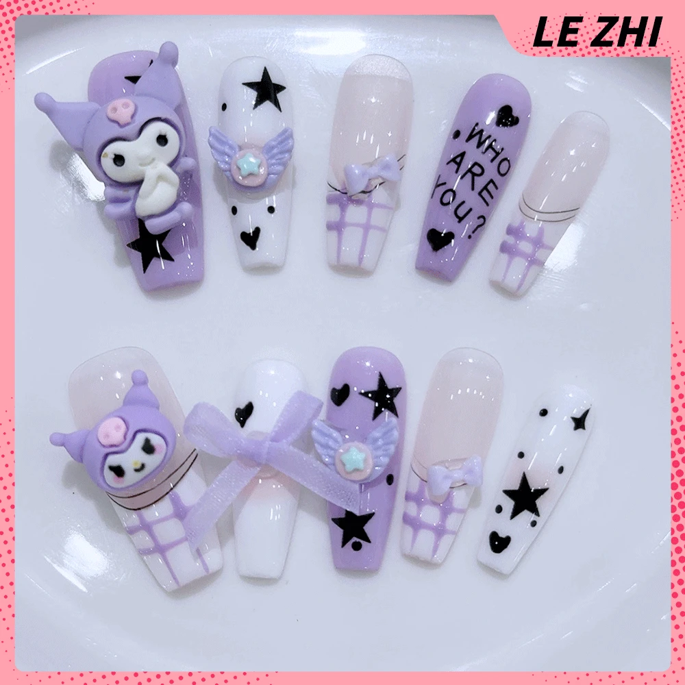 Handmade 3D Hello Kitty Press On Nails Pearl Diamond Long Coffin Fake Nails Coloured Glaze French Style Acrylic Nails Party Gift