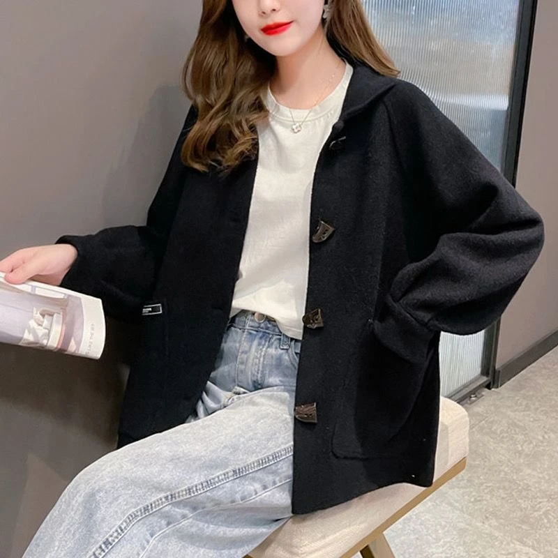 

Petite Women's Cow Horn Button Wool Coat Loose Autumn Jacket Lightweight Spring Cardigan Stylish Comfortable Slim Fit