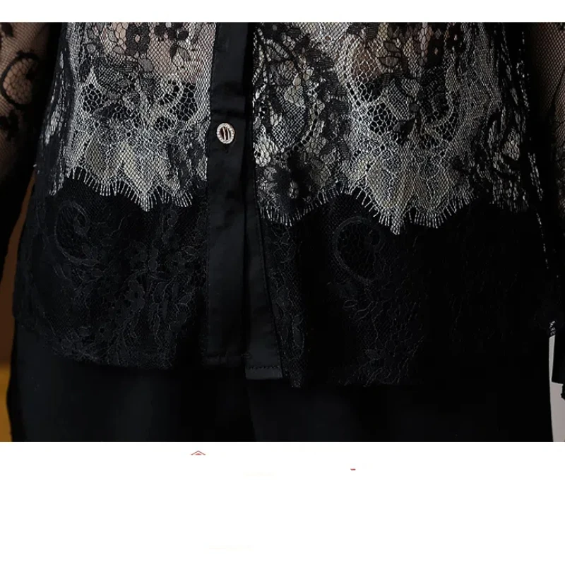 Turn-down Collar Lace Patchwork Hollow Out Button Lantern Long Sleeve Women\'s Cardigan Shirt Casual Spring Autumn Vintage Tops