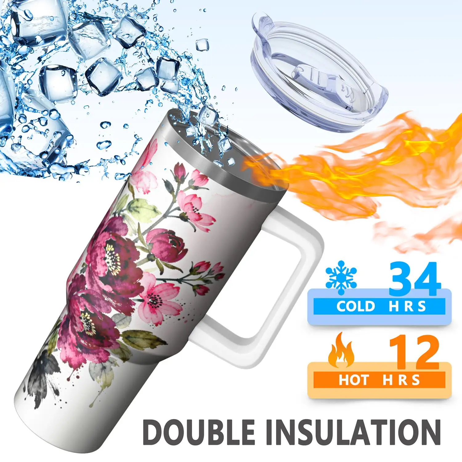 Flower Handle Cup Set with Straw, Maximum Capacity 40oz, Inner Layer 304 Stainless Steel, Outer Layer 201 Stainless Steel, Seamless Inner Liner, Lid Made of PC Material, Suitable for Home, Office, Outdoor, Sports, and Car Use