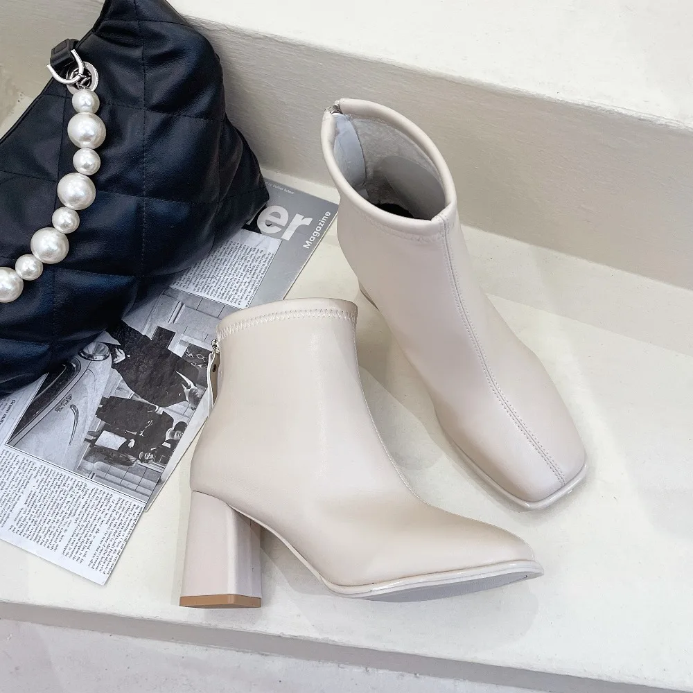 Winterliche elegante Damen-Bankettstiefel mit eckiger Spitze, modischer Blockabsatz, bequeme kurze Stiefel, warme Ritterstiefel mit hohem Absatz