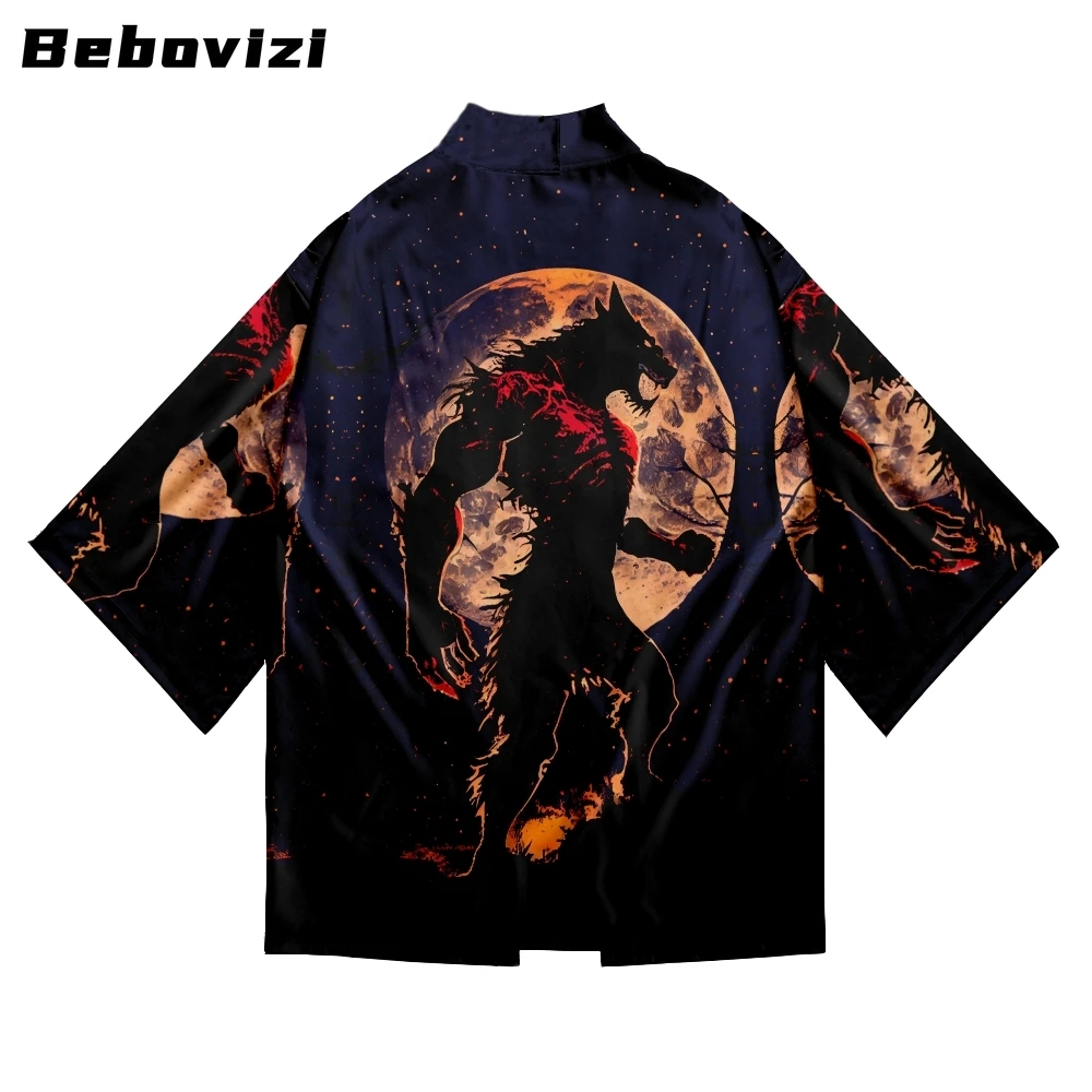 

Bebovizi Yukata Fashion Cardigan Women Men Loose Haori Asian Clothes Japan Harajuku Werewolf Print Kimono Cosplay