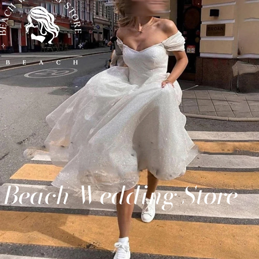 Abiti da sposa bohémien personalizzati da spiaggia Boho con spalle scoperte maniche corte sul retro Abiti da sposa con corsetto a trapezio da sposa