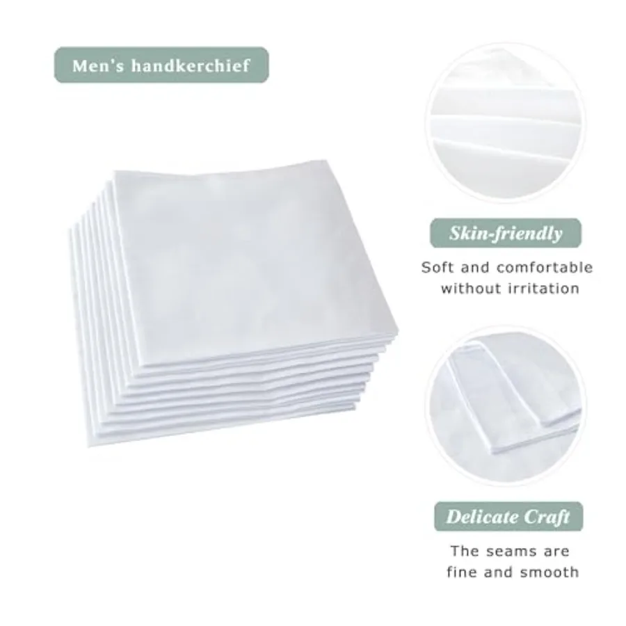 100 Soft Cotton Men's Handkerchiefs White Hankie Pack of 12 Pieces for Formal Wear Business Meetings and Daily Use with Premium