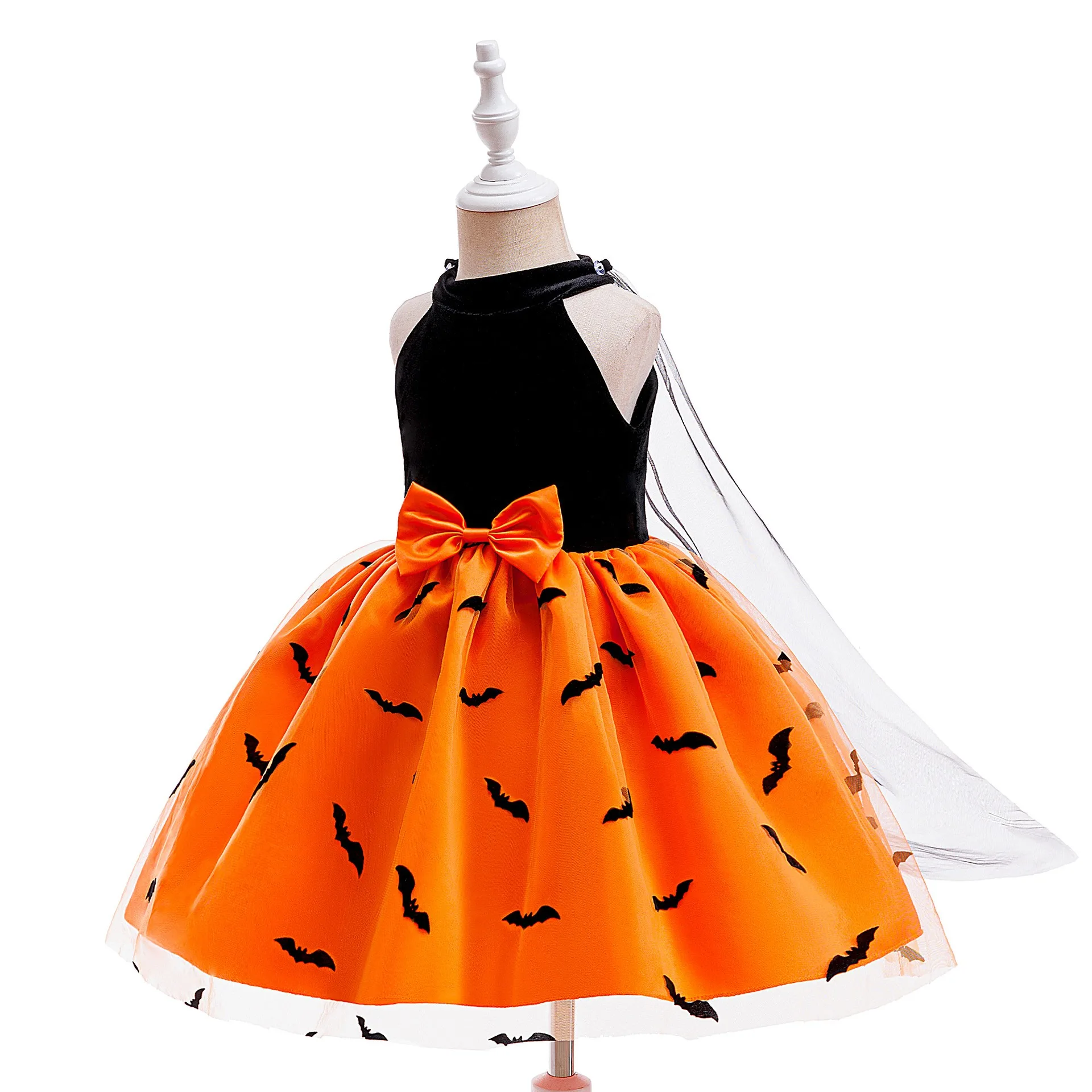 Girls Halloween Bat Costumes Girls Carnival Wicked Witch Coslpya Dress Children Vampire Demon Themed Black Dress Hallween Orange
