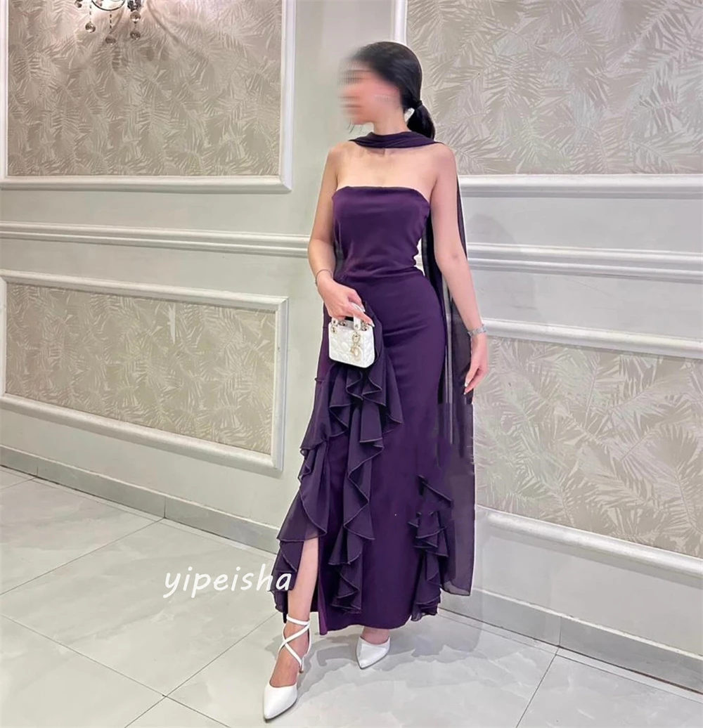 Customized  s Ruffles Draped Party Sheath Strapless Bespoke Occasion Gown Long Dresses