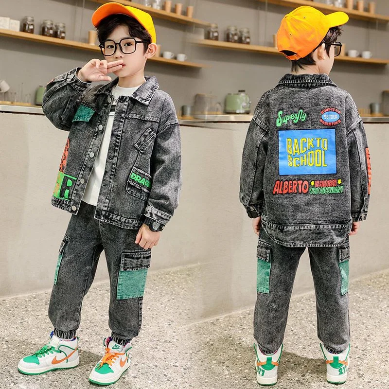 

Boys Coat + Trousers Cotton 2PCS/Set Kids Sport Suits 2023 Vintage Jean Winter Autumn Plus Size Teenagers Children Sets