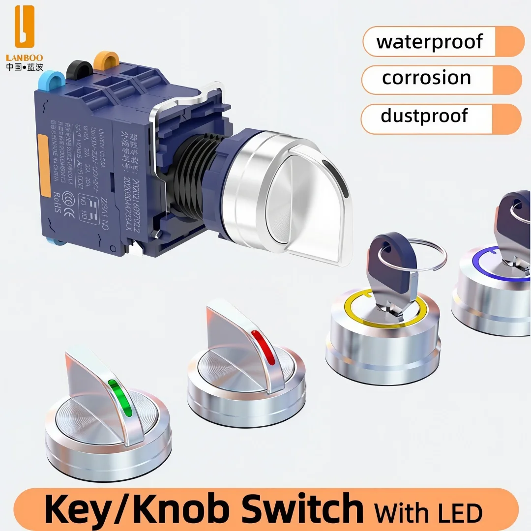 

Кнопочный переключатель LANBOO 2/3-позиционный с фиксацией, 1НО1НЗ, с подсветкой (зеленая/синяя), 9-24В, 110В, 220В