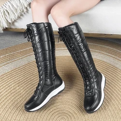 New Fashion Women Winter Genuine Leather Knee High Boot Zipper Low Heels Snow Boots Ladies Fur Casual Flat Shoes Black Plus Size