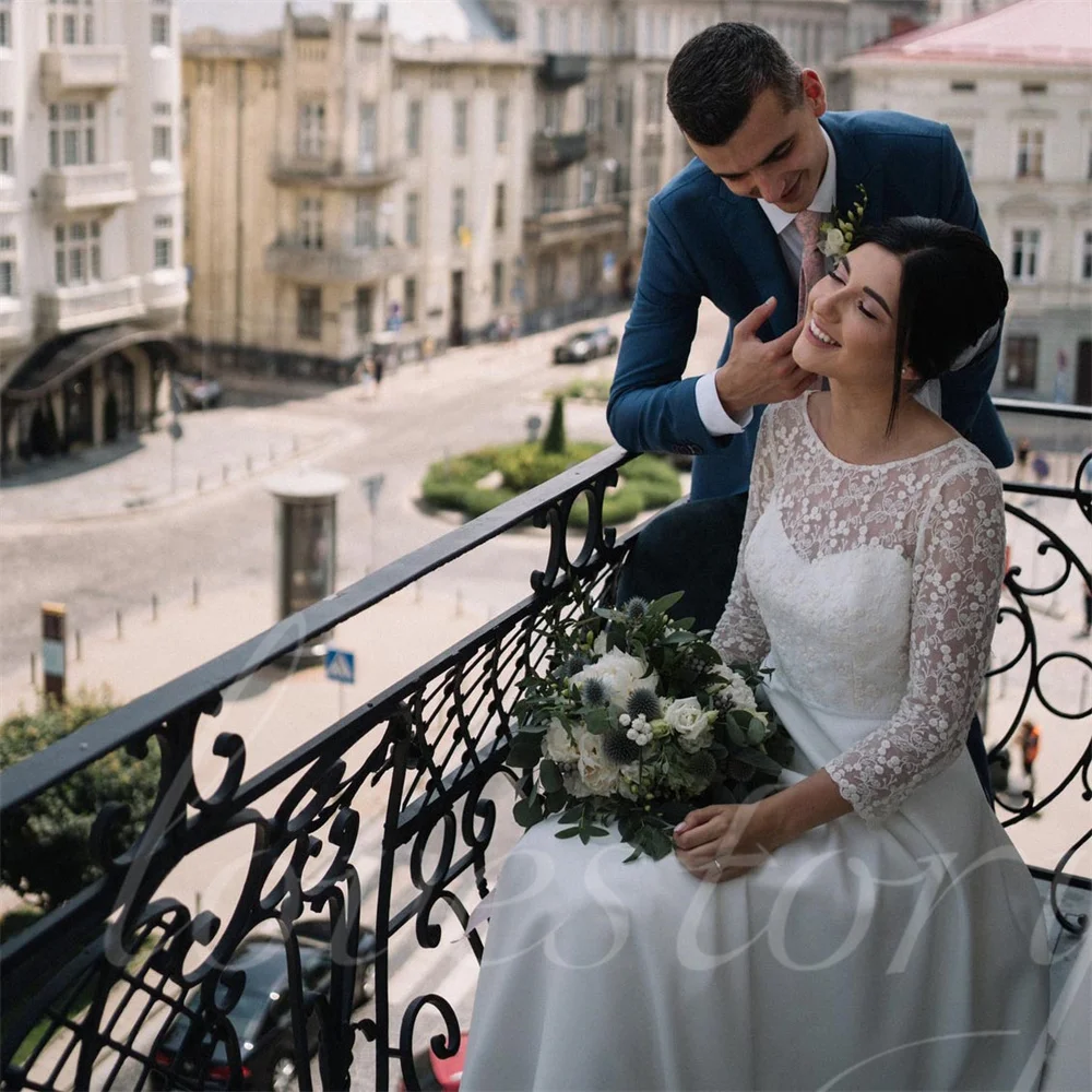 Vestido De novia De línea A Simple para mujer, mangas completas, espalda abierta, vestidos De novia plisados, apliques De encaje, Vestido De novia