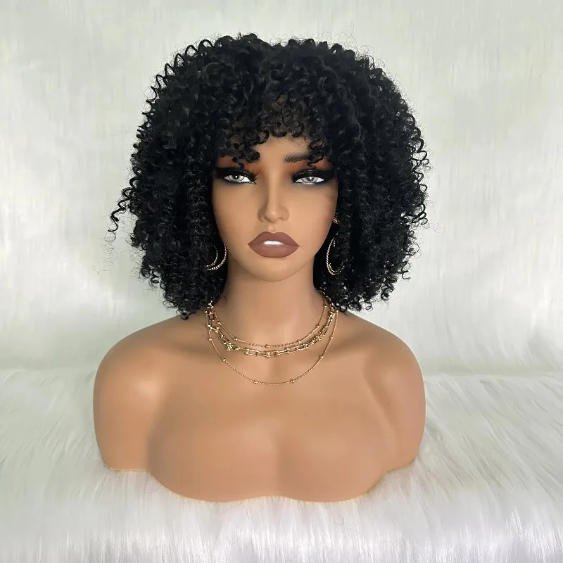 

Afro Kinky Curly Wig With Bangs 12 Inches Synthetic Full Wigs Heat Resistant Short Kinky Curly Wigs for Black Women