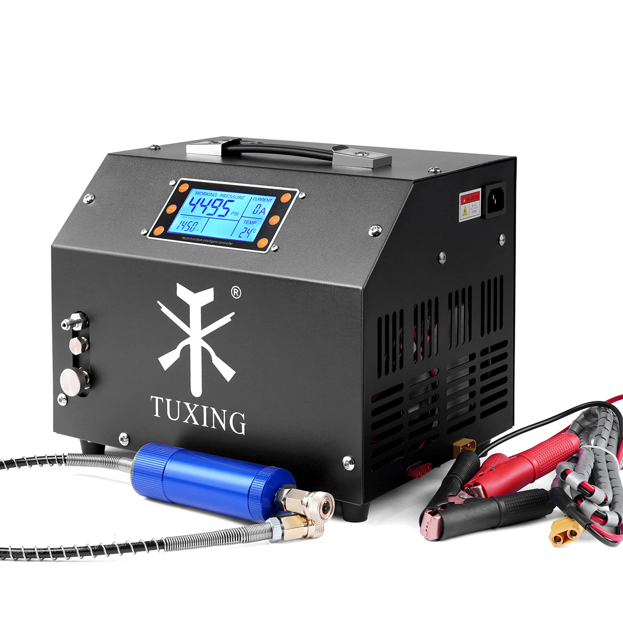 

Воздушный компрессор TUXING 300 бар PCP 4500 фунтов на квадратный дюйм, компрессор с цифровым управлением, встроенный адаптер питания для подводного плавания с винтовкой