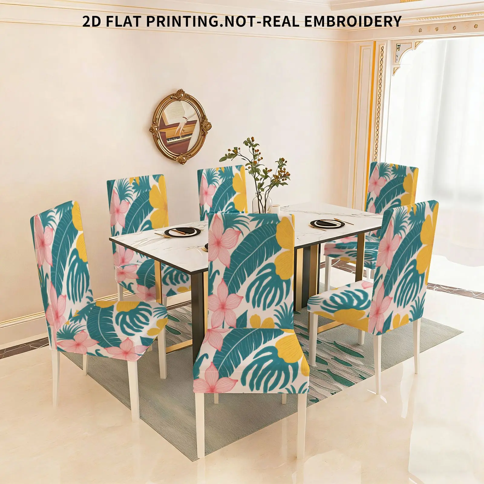

Flat print stretch dining chair cover set, tropical style plant pattern, detachable dining chair cover