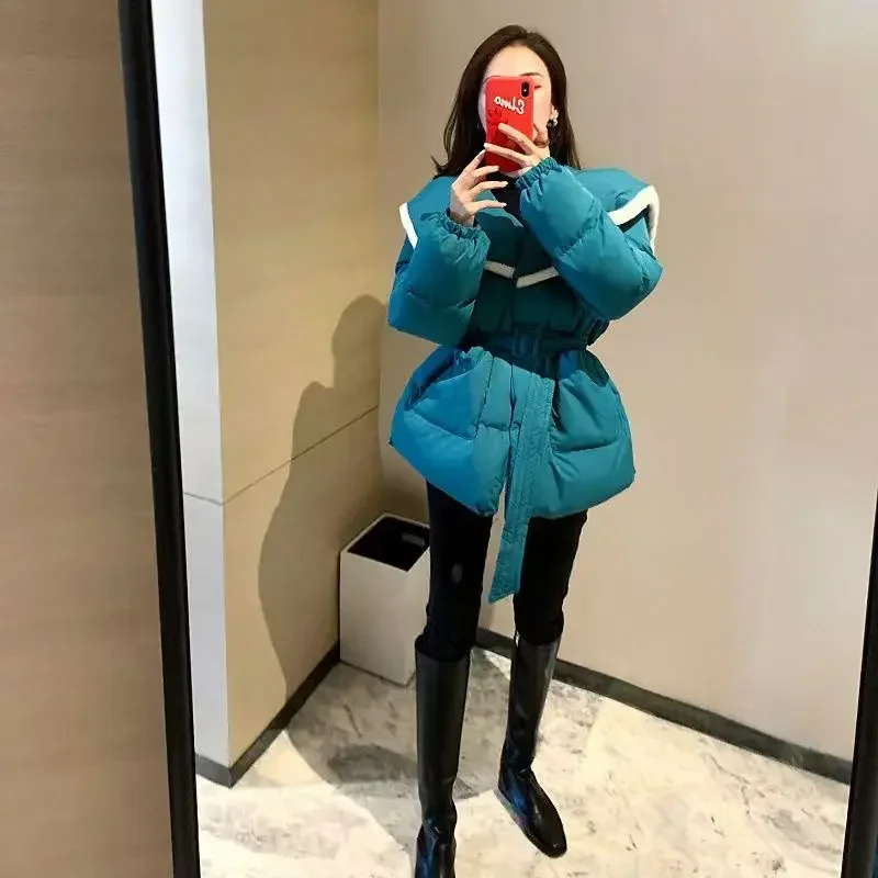 New Fashion Blue Parkas Women Turn Collar Loose Casual Coats Slim Wiast Puff Coat Commuter Student Oversized Parkas with Sashes